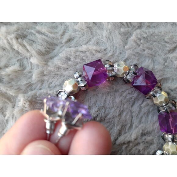 Womens Handcrafted  Purple Crystal Silver Beads Bracelet & Stud Earrings Set - Picture 7 of 10